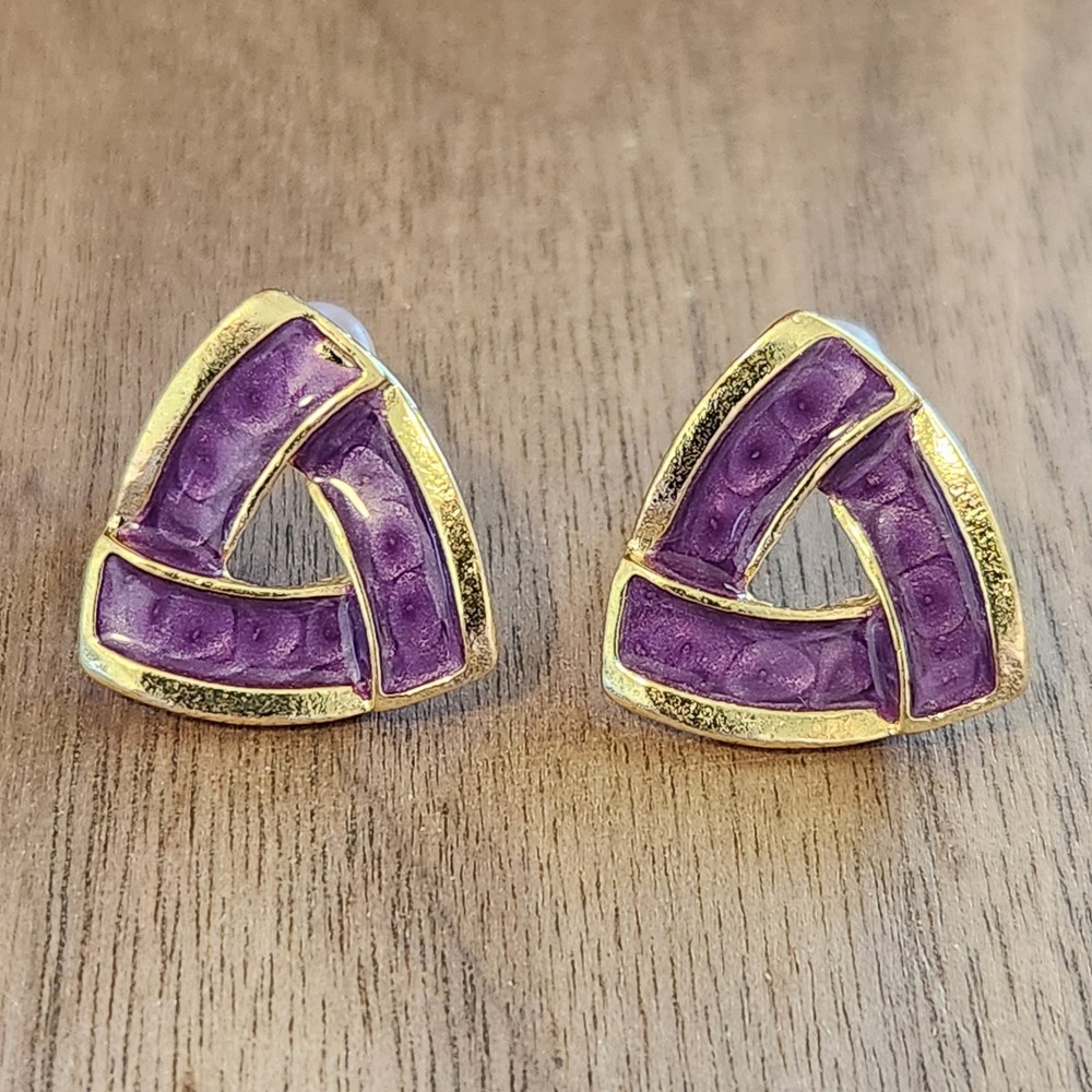 Vintage Style Purple Enamel Geometric Triangle Gold Tone Stud Post Earrings